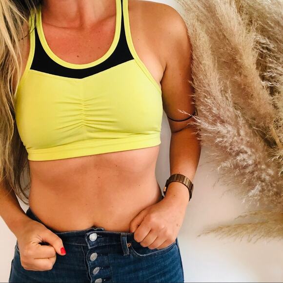 PURE Yellow Black Mesh Inset Ruched Front Sports Bra Crop Racerback S - Picture 2 of 8